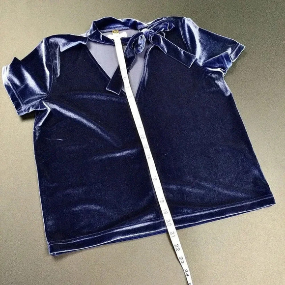 Madewell Women's Navy Blue Velvet Short Sleeve Tie-Neck Top Blouse Size Small - Picture 6 of 9